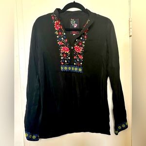 Johnny Was Black Long Sleeve Embroidered Tunic Top Size S